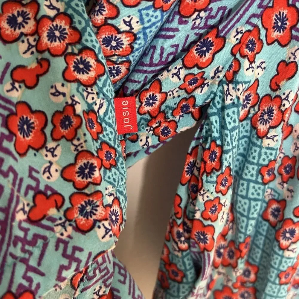 Josie Natori Kimono Robe Jacket Size Large Rayon Blue Floral Print Boho Hippie - Picture 8 of 11
